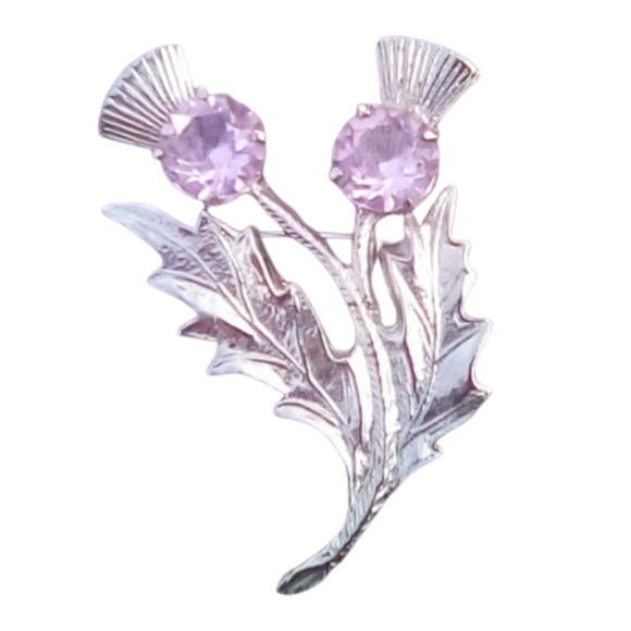 Vintage Scottish Thistle Brooch Silver Tone with Purple Glass Dtones - Picture 1 of 6